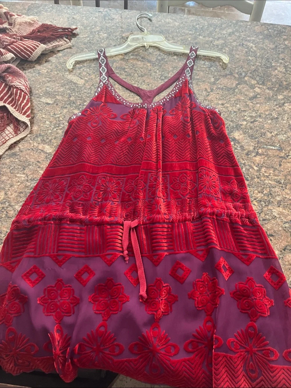 Free People Red Embroidered Velvet Tank Dress